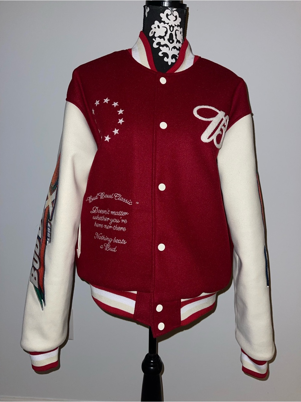 PacSun x Budweiser Burgundy and Cream Varsity Bomber Jacket